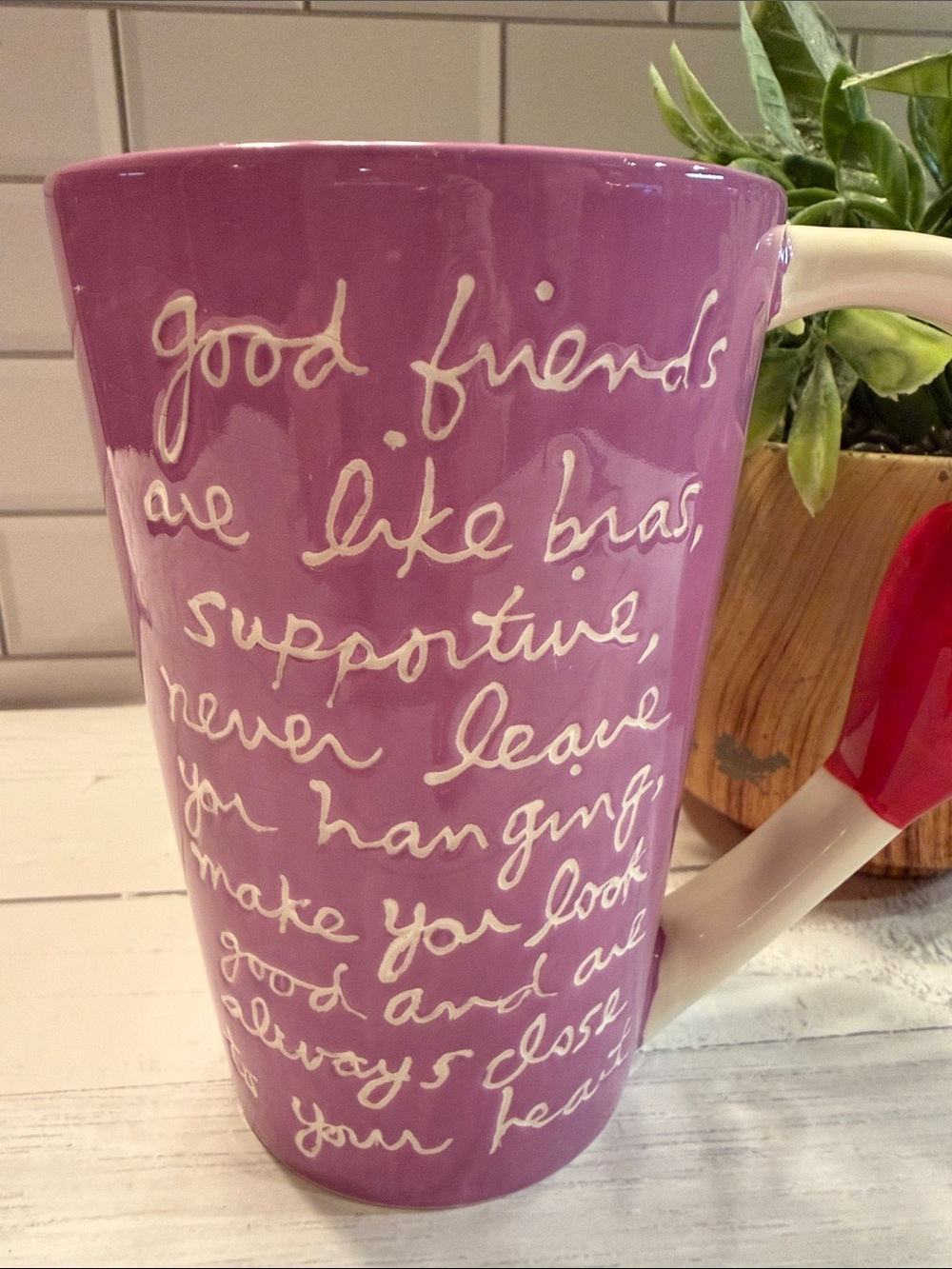 Purple Ceramic Mug with Red-Accent Handle and Script Message